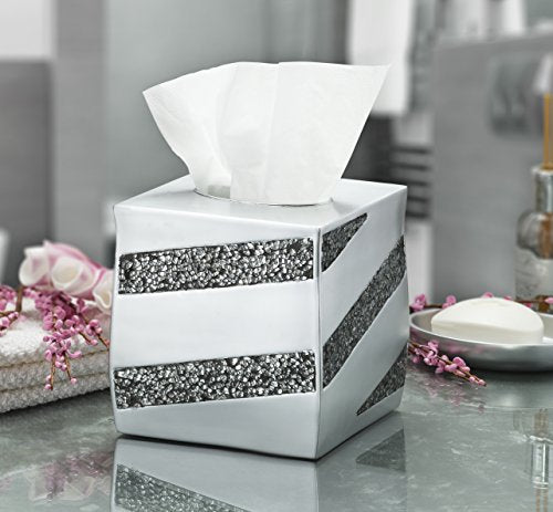 Creative Scents Silver Mosaic 6 Piece Bathroom Accessories Set | Includes Trash can, Tissue Box Cover, Soap Dispenser, Toothbrush Holder, Tumbler Cup & Soap Dish