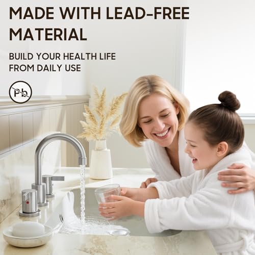 Widespread 8 Inch Lead-Free Brushed Nickel Stain-Resistant Bathroom Faucet(Stainless Steel), 2 Handle 3 Hole Swivel Spout RV Bathroom Vanity Sink Faucet with Metal Drain & Supply line, BF03042-K01-GBN - color: ‎Brushed Nickel - 8 IN