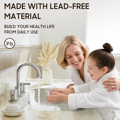 Widespread 8 Inch Lead-Free Brushed Nickel Stain-Resistant Bathroom Faucet(Stainless Steel), 2 Handle 3 Hole Swivel Spout RV Bathroom Vanity Sink Faucet with Metal Drain & Supply line, BF03042-K01-GBN - color: ‎Brushed Nickel - 8 IN
