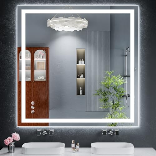 47"x47" LED Bathroom Mirror with Lights, Backlit+Frontlit, Anti-Fog | CRI 95, Stepless Dimmable, 3 Colors Lighting, Shatterproof Tempered Glass, HD Reflection, Memory, (Horizontal/Vertical) - size: 47"L x 47"W