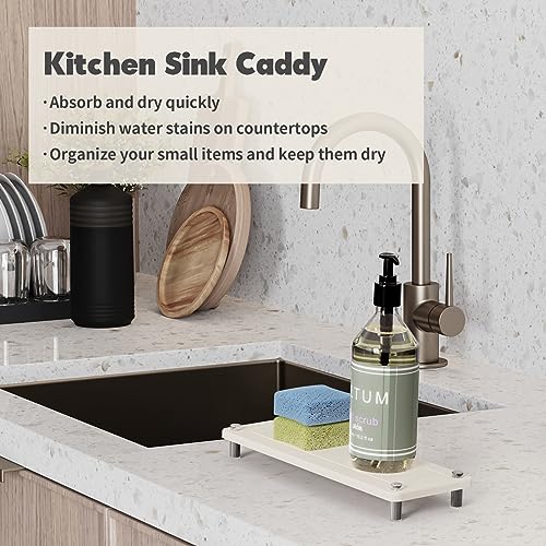 Kitchen Sink Caddy Diatomite Water Absorbing Stone Tray, White | Bathroom Countertop Organizer Faucet Drying Mat Coaster Soap Dish Sponge Dispenser Holder - color: White