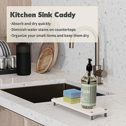 Kitchen Sink Caddy Diatomite Water Absorbing Stone Tray, White | Bathroom Countertop Organizer Faucet Drying Mat Coaster Soap Dish Sponge Dispenser Holder - color: White