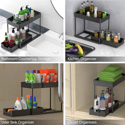 2 Pack black Under Sink Organizers and Storage, 2-Tier Sliding Cabinet Basket Organizer with Hooks, Multi-Purpose Under Sink Organizers and Storage for Bathroom Kitchen
