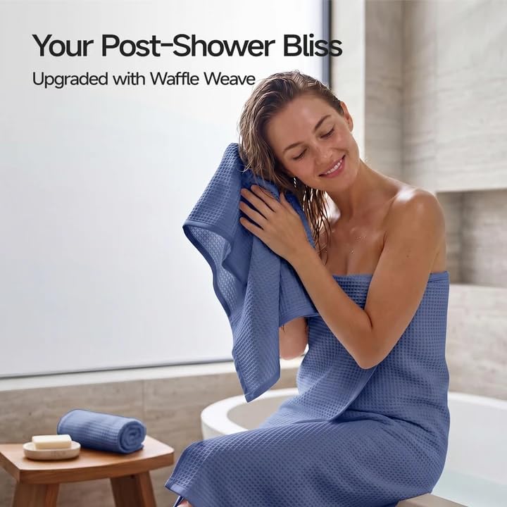 ecolook 6-Piece Waffle Weave Towel Set, 100% Cotton, Lightweight, Absorbent & Quick-Drying, 2 Bath Towels (31×63 in), 2 Hand Towels, 2 Washcloths, Lint-Free for Bathroom, Pool, Gym, Travel - Blue - color: Blue
