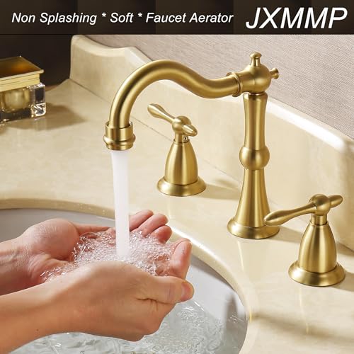Antique Brushed Gold Bathroom Faucet 3 Hole, Widespread Bathroom Sink Faucet with Pop Up Drain and cUPC Supply Hose, Modern 2 Handle Vanity Faucet Gold JXM3073BG - color: Brushed Gold