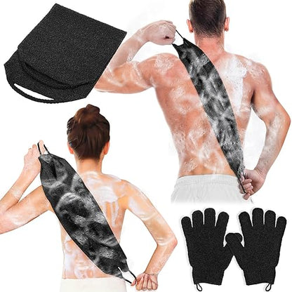 Anezus Exfoliating Back Scrubber Bath Gloves Set, Exfoliating Shower Towel with Shower Gloves for Body Scrub, Back Cleaner Wash Gloves to Remove Dead Skin (Black) - color: Black