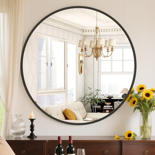 Sweetcrispy 24 Inch Round Wall Mirror with Tempered Glass, Bathroom Mirror Over Sink, Anti-Fog & Waterproof Round Mirrors for Bathroom, Entryway, Bedroom, Shatterproof Design, Black - color: Metal-black, size: 24"L x 24"W, style: Round