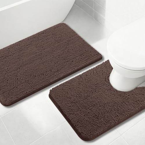 Bathroom Rugs Chenille, Extra Thick and Absorbent, Non-Slip, Machine Washable, Dry Quckily, Soft Cozy Plush, Used Under Shower Bathtub and Sink, Bath Mat Sets Coffee - color: Coffee, size: 20 x 32 inch + 20 x 20 inch (U-Shape)