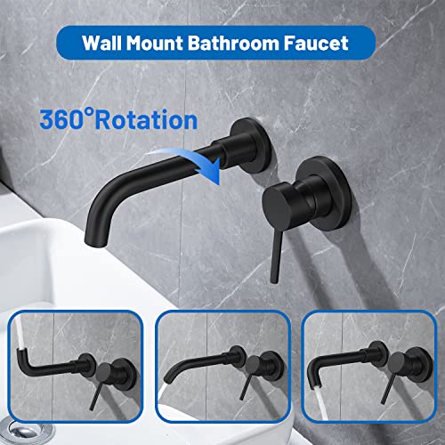 Wall Mounted Bathroom Faucet Single Handle Lavatory Sink Faucet Bathroom Vessel Sink Faucets with Single Lever 360 Swivel Basin Mixer Tap, Matte Black
