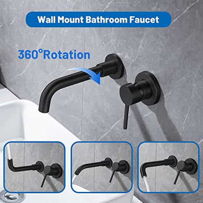 Wall Mounted Bathroom Faucet Single Handle Lavatory Sink Faucet Bathroom Vessel Sink Faucets with Single Lever 360 Swivel Basin Mixer Tap, Matte Black