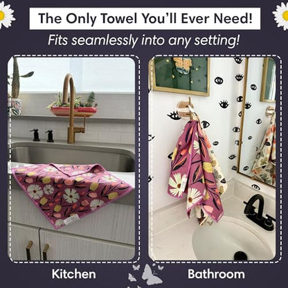Microfiber Hand Towel & Washcloth Set, Double-Sided Waffle Weave Set of Two | Super Absorbent, Lint-Free, Fast Drying, Wings & Flower Farm Pattern, Purple/Cream, Bathroom, Kitchen, Car & Window Cloth Set - color: Wings & Flower Farm - Purple/Cream, size: