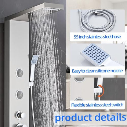 6 in1 Multi-Function Shower Panel Tower System-Brushed Gray | 304 stainless steel Shower Panel Column Tower with Powerful Body Massage, Rainfall, Waterfall,Handheld and Tub Spout - color: Brushed Gray, style: HSY-003
