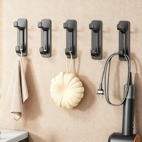 5PCS Self-Adhesive ABS Wall Hooks Bathroom Towel Clothes Hanging Hooks, No-Drill Easy Installation Water-Proof, 8.5 * 3 * 3.4cm, Black - color: Black