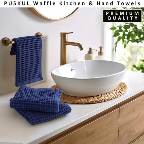 PÜSKÜL Natural 100% Turkish Cotton Waffle Kitchen and Hand Towels, 3-Piece | Navy Blue, 32x16" Large, Premium 3D Honeycomb Weave Soft Absorbent Quick-Dry Lint-Free Dish Towel, Oeko-Tex Made in Turkey - color: Navy Blue, size: Kitchen & Hand Towels Pack of