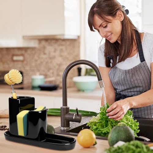 3 in 1 Ceramic Kitchen Sink Caddy Dish Sponge Holder Scrub Brush Holder and Soap Tray for Kitchen Organizer Rustic Farmhouse Supplies(Black) - color: Black