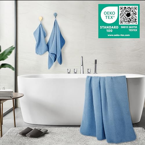 POLYTE 430 GSM Poly Blend Microfiber Quick Dry Waffle Bath Towel Set of 6 | 2-Body Towels, 2-Hand Towels, 2-Wash cloths, Oversize, Lint Free - color: Blue