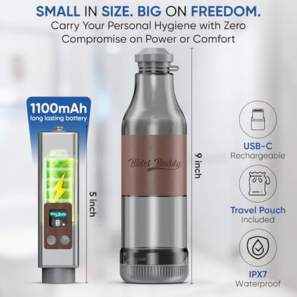BIDET BUDDY® Evolv Portable Travel Bidet for Men & Women, 530mL - Silver | Self-Cleaning Retractable Nozzle, 1100mAh Rechargeable, USB-C Charging, IPX7 Waterproof with LED Display, 3 Water Flow Modes