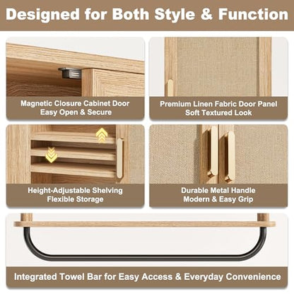 Rattan Bathroom Wall Cabinet with Towel Bar, Wall-Mounted Medicine Cabinet with Adjustable Wood Shelf & Doors, Over the Toilet Storage Cabinet for Laundry Room & Kitchen & Living Room - color: Rubberwood