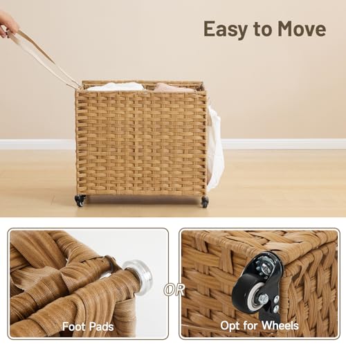 Laundry Hamper with Wheels, 34.3 Gallon(130L) Rolling Laundry Basket with Lid, Removable Large 2 Color Liners & 3 Mesh Laundry Bags, Clothes Hamper with Side Pocket, Natural - color: Natural, size: 23.62"L x 15.75"W x 21.65"H