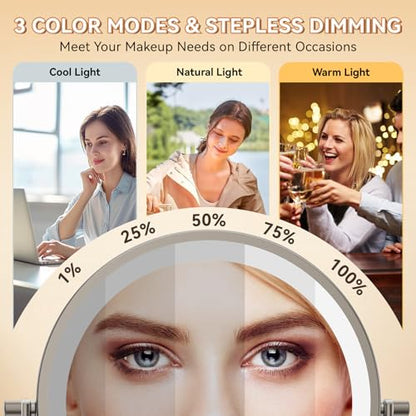 Auxmir 1X/30X Wall Mounted Makeup Mirror, 8" Rechargeable Magnifying Mirror | double-sided button, 3200mAh, 3 dimmable colors, 360° rotation, extended arm, 30X magnification, bathroom, nickel - color: 8'' 30x-nickel