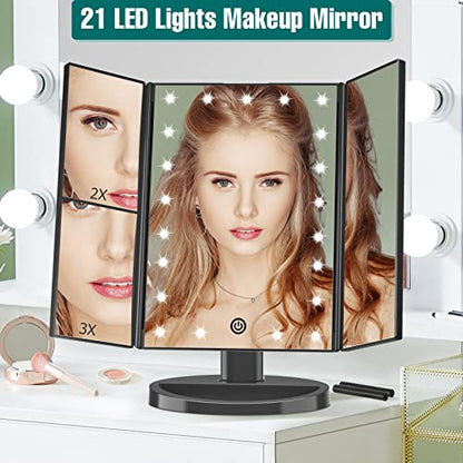 Lighted Makeup Mirror, 1-3X Magnifying Trifold LED Vanity Mirror | Vanity Mirror with Lights, 21 Bright LED Lights, Touch Control Dimmable Brightness, 180 ° Rotaion - color: Black