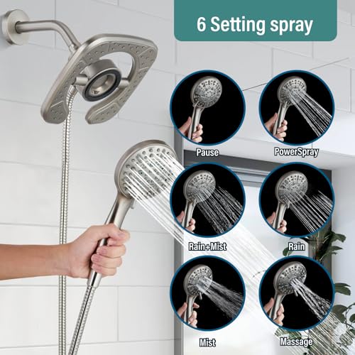 Magnetic Shower Faucet Set Dual 2 in 1 Shower System with Handheld Shower Spray 3-way Water Diverter Shower Trim Kit Rainfall Bathroom High Pressure 5 Setting without Tub Faucet Brushed Nickel - color: Brushed Nickel