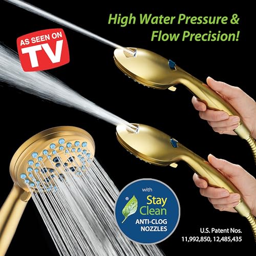 AquaCare New 8-mode High Pressure Handheld Shower Head w/ 2-way Power Wash | Stay Clean Nozzles, Dual Power Wash for Tub, Tile & Pets, Long 6 ft. Stainless Steel Hose, Wall & Overhead Brackets / Gold - color: Gold