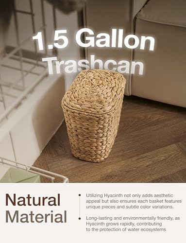 Tidita 1.5 Gallon Wicker Wastebasket with Lid, Woven from Water Hyacinth | Hyacinth Construction, Woven Design, Removable Plastic Liner Included, Removable Lid, Iron Frame, Odor Proof, Versatile Use - color: Natural, size: 1.5 Gallons