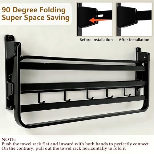 24in Towel Racks Shelf for Bathroom Wall Mounted Organizer for Hotel,Black | Double Space Saving Foldable Rustproof Painted Aluminum L-Shape Modern - size: 1 Tier