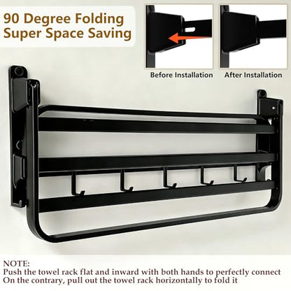 24in Towel Racks Shelf for Bathroom Wall Mounted Organizer for Hotel,Black | Double Space Saving Foldable Rustproof Painted Aluminum L-Shape Modern - size: 1 Tier