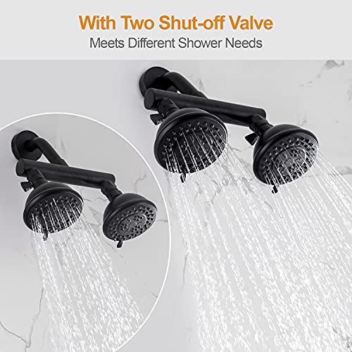 High Pressure Double Shower Head with Shut-Off Valve and Shower Arm Set Solid Brass Casting Dual Outlet Manifold Dual Shower Fixed Head 3 Function Shower Heads Sprayers, Matte Black - color: Matte Black
