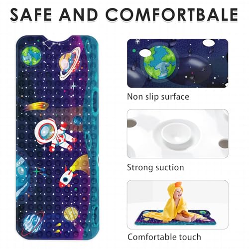 Bath Mat for Tub, Space Astronaut, 40 X 16 Inch, for Kids | Sun Moon Earth Extra Long Baby Toddler Bathtub Non Slip Shower with Suction Cups and Drain Holes - color: Multicolor