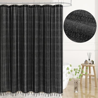 Long Linen Boho Farmhouse Shower Curtain Set with Tassel, Modern Bohemian French Country Chic Bathroom Shower Curtain Set with PEVA Liner, Cotton Luxury Fabric Shower Curtain 72x78 - Black - color: Black, size: 72"W x 78"L (Pack of 1)
