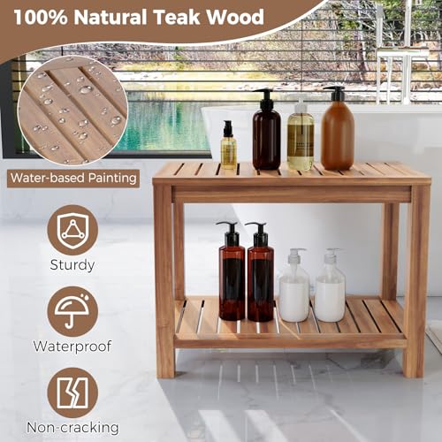 Giantex Teak Shower Bench with Shelf, 24 Inch Shower Stool with Slatted Seat for Elderly Seniors, Waterproof Bathroom Spa Bathing Seat Foot Rest Entryway Bench for Indoor and Outdoor Use - size: 24" x 12.5" x 18"