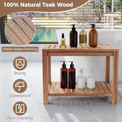 Giantex Teak Shower Bench with Shelf, 24 Inch Shower Stool with Slatted Seat for Elderly Seniors, Waterproof Bathroom Spa Bathing Seat Foot Rest Entryway Bench for Indoor and Outdoor Use - size: 24" x 12.5" x 18"