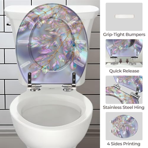 Round Resin Toilet Seat, Quietly Close Quick Release Hinges Cover | Toilet Lid Cover Easy to Clean and Install, Opulent Iridescent Leaf Silky Glow Finish Heavy Duty Toilet Seat - color: pattern3, size: O-shape