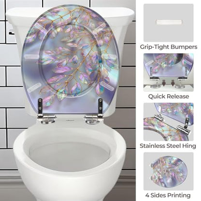 Round Resin Toilet Seat, Quietly Close Quick Release Hinges Cover | Toilet Lid Cover Easy to Clean and Install, Opulent Iridescent Leaf Silky Glow Finish Heavy Duty Toilet Seat - color: pattern3, size: O-shape