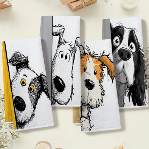 4 Pcs Funny Dog Kitchen Towels, Cute Dogs Gifts Hand Towel 14 x 24 Inches - color: Multi 0129