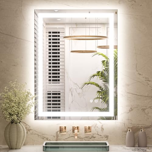 Keonjinn 24x32 Inch LED Bathroom Mirror with Lights, Frontlit & Backlit | HD Tempered Grass, 3-Color Temperature & Stepless Dimmable Lighting, Fast & Safe Defogging, Effortless Installation - size: 32"L x 24"W