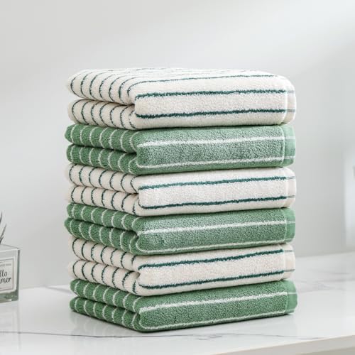 Green Stripe Hand Towels Set of 6，Ultra-Absorbent & Quick-Drying Bathroom Hand Towels 100% Cotton Face Towels, Soft Hand Towels for Bathroom，13” x 29” - color: Green