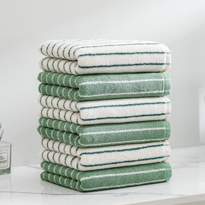 Green Stripe Hand Towels Set of 6，Ultra-Absorbent & Quick-Drying Bathroom Hand Towels 100% Cotton Face Towels, Soft Hand Towels for Bathroom，13” x 29” - color: Green