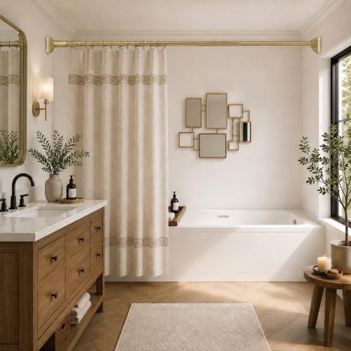 JILRON Gold Shower Curtain Rod 32-96in(2.66-8ft),Tension Curtain Rods No Drill,Rust-Proof-1.26" dia,One-Click Stretch Design, Upgraded Anti-Slip Pads - color: Gold, size: 32-96 inch-1Pack