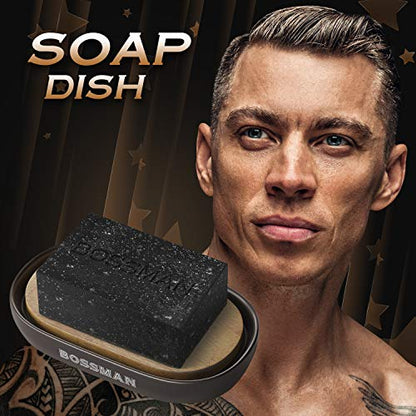 Bossman Soap Dish - Bathroom and Shower Soap Bar Holder - Premium Ceramic Base - Removable Natural Bamboo Soap Tray (Black) - color: Black