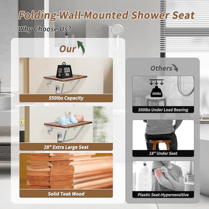 𝙐𝙥𝙜𝙧𝙖𝙙𝙚 24 Inch Folding Shower Seat Wall Mounted, Teak Wood Shower Seat with Stainless Steel Bracket & Finish Cap, 550lb Capacity, for Elderly, Disabled, Pregnant Women, Kids - size: 24 inches seat