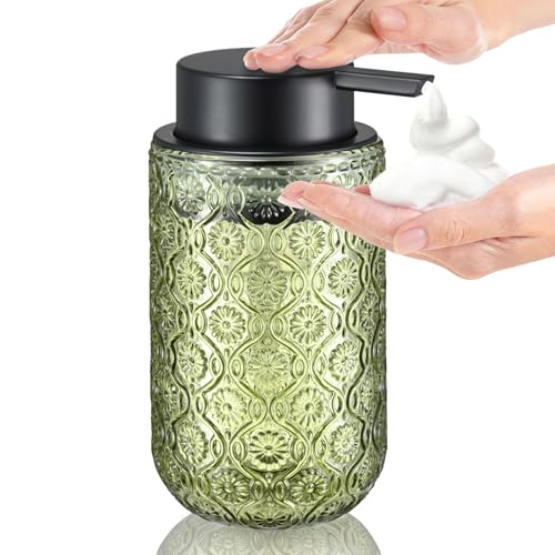 Green Glass Foaming Hand Soap Dispenser | with Matte Black Pump Thick Embossed Bottle Refillable for Bathroom and Kitchen Decor 13.5 oz - color: Sage Green