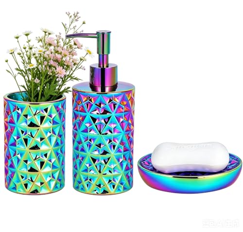 Rainbow Bathroom Accessories Set 3Pcs - Soap Dispenser, Soap Dish, Vase | Luxury Design Diamond Ceramic Bathroom Accessory Complete Set - Lotion Dispenser, Soap Dish,Vase for Countertop Vanity - color: Rainbow