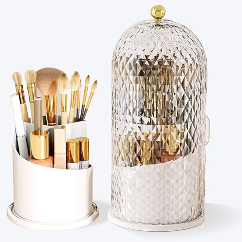 Makeup Brush Holder with Lid, 360 Rotating Multifunction Clear Dustproof Skincare Cosmetic Tools Storage Organizer for Vanity Desktop Bathroom Countertop (White) - color: White