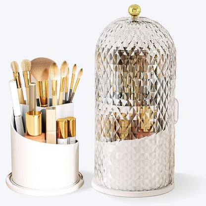 Makeup Brush Holder with Lid, 360 Rotating Multifunction Clear Dustproof Skincare Cosmetic Tools Storage Organizer for Vanity Desktop Bathroom Countertop (White) - color: White