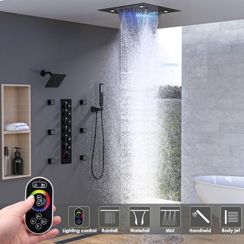 Enga Luxury Dual Shower Head System with Body Jets LED Thermostatic Shower System with 6 inch Wall Shower, 20-Inch 3 Function Shower Head (Rainfall & Mist & Waterfall), Matte Black - color: Matte Black, style: 20" Head (Rain + Mist+Waterfall) - 6" Head+Je