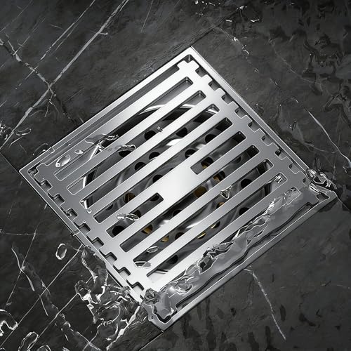 Xportix Square Floor Drain with Backflow Preventer, 4x4 inch, 304 Stainless Steel, for Kitchen Bathroom Balcony Backyard, Silver Chrome with Brass Core 007